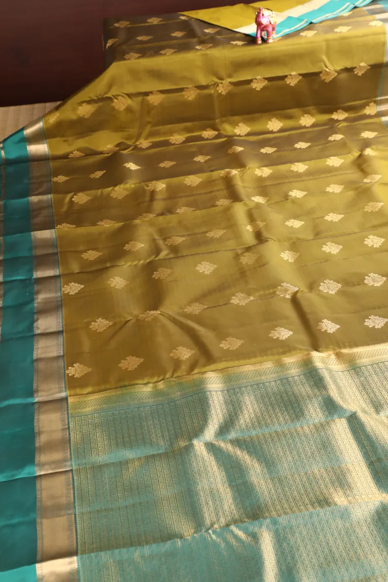 Olive Green Soft Silk Saree with Gold Zari Floral Puttas view 2