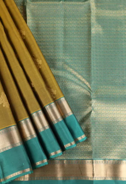 Olive Green Soft Silk Saree with Gold Zari Floral Puttas