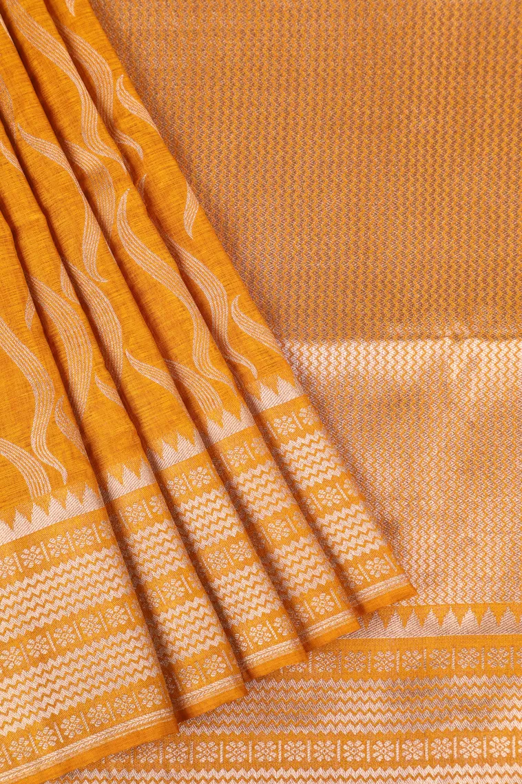 Gold Banaras Sarees with Copper Zari Leaf Pattern