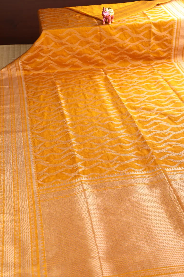 Gold Banaras Sarees with Copper Zari Leaf Pattern view 2