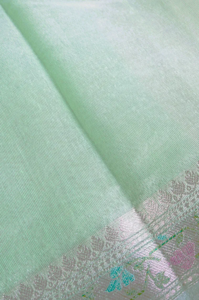 Mint Green Tissue Silk Sarees with Gold Zari Flower Mottif view 3