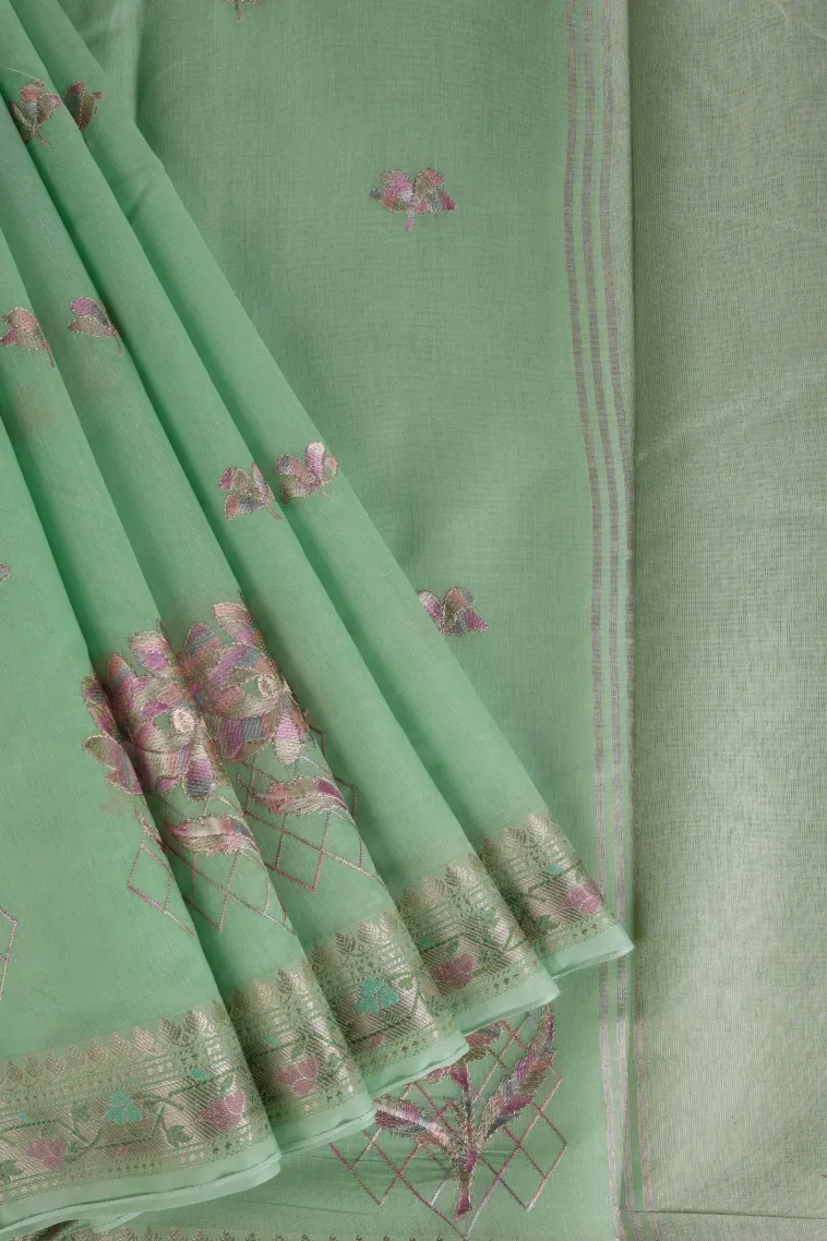Mint Green Tissue Silk Sarees with Gold Zari Flower Mottif