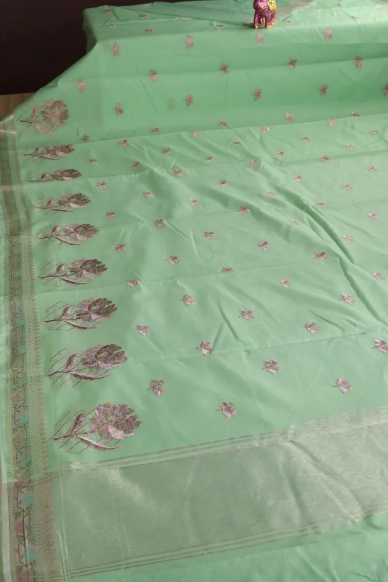 Mint Green Tissue Silk Sarees with Gold Zari Flower Mottif view 2