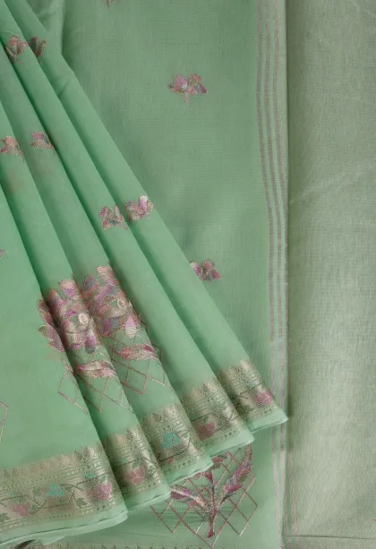 Mint Green Tissue Silk Sarees with Gold Zari Flower Mottif