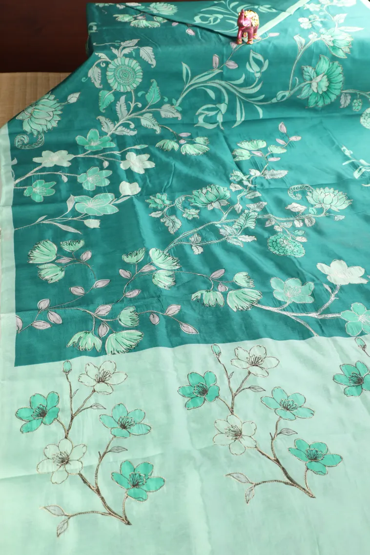 Peacock Blue Semi Tussar Silk with Thread Zari Floral Patterns view 2