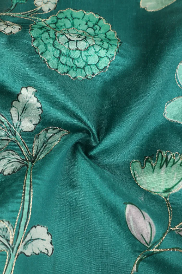 Peacock Blue Semi Tussar Silk with Thread Zari Floral Patterns view 4