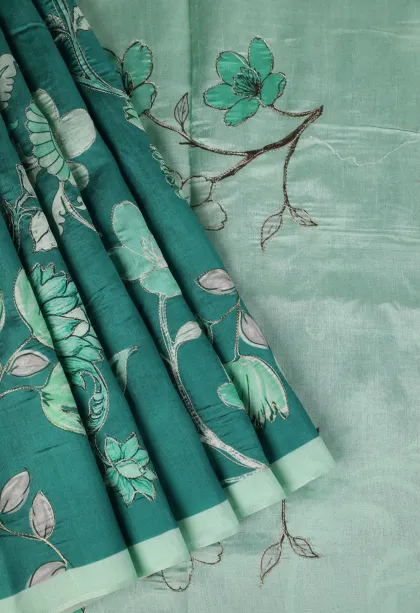 Peacock Blue Semi Tussar Silk with Thread Zari Floral Patterns