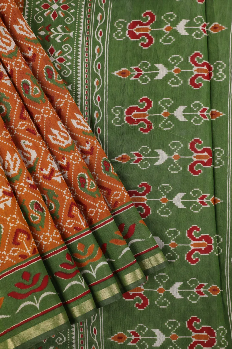 Carrot Orange Chanderi Cotton Sarees with Gold Zari Birds Mottif