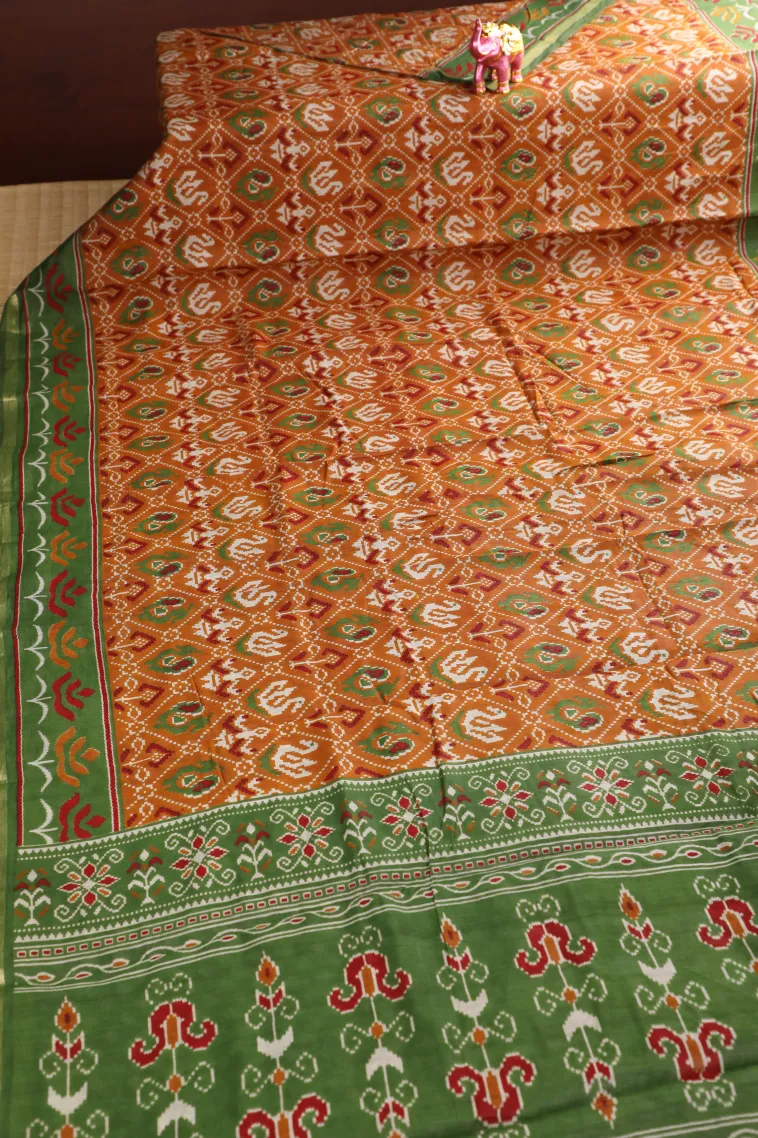 Carrot Orange Chanderi Cotton Sarees with Gold Zari Birds Mottif view 2