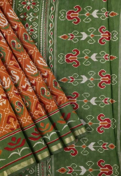 Carrot Orange Chanderi Cotton Sarees with Gold Zari Birds Mottif