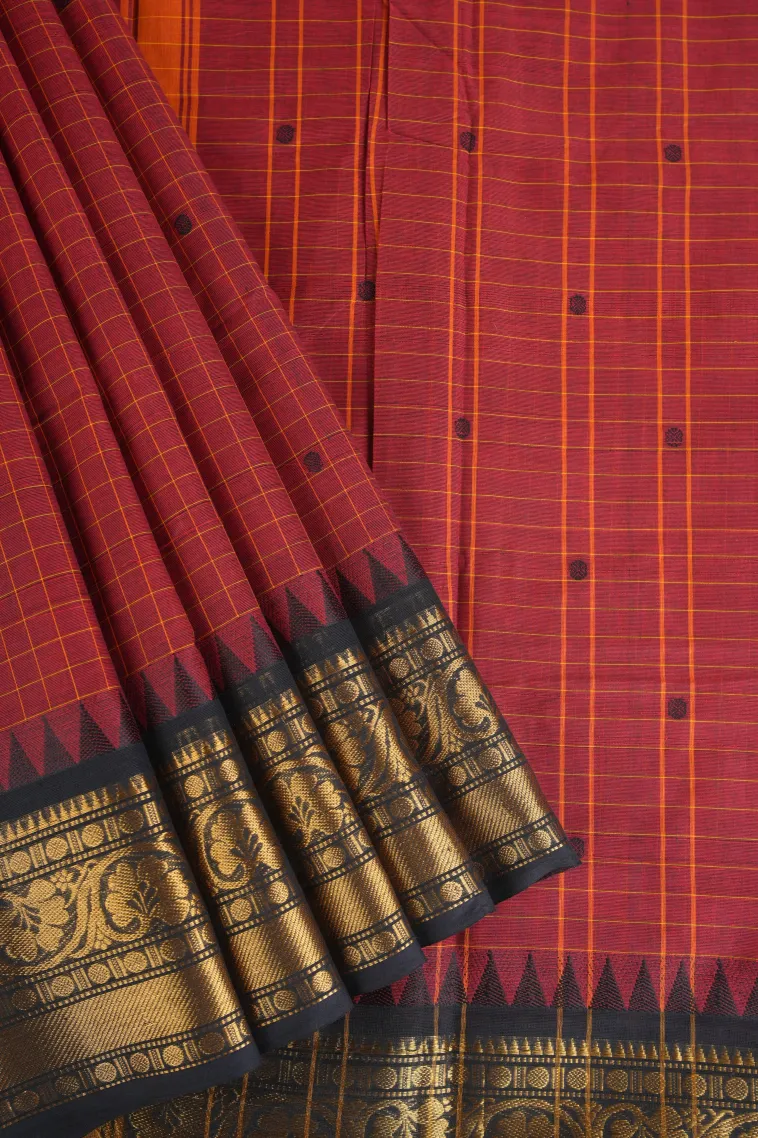 Cherry Red Chettinad Cotton Sarees with Gold Zari Checks And Puttas