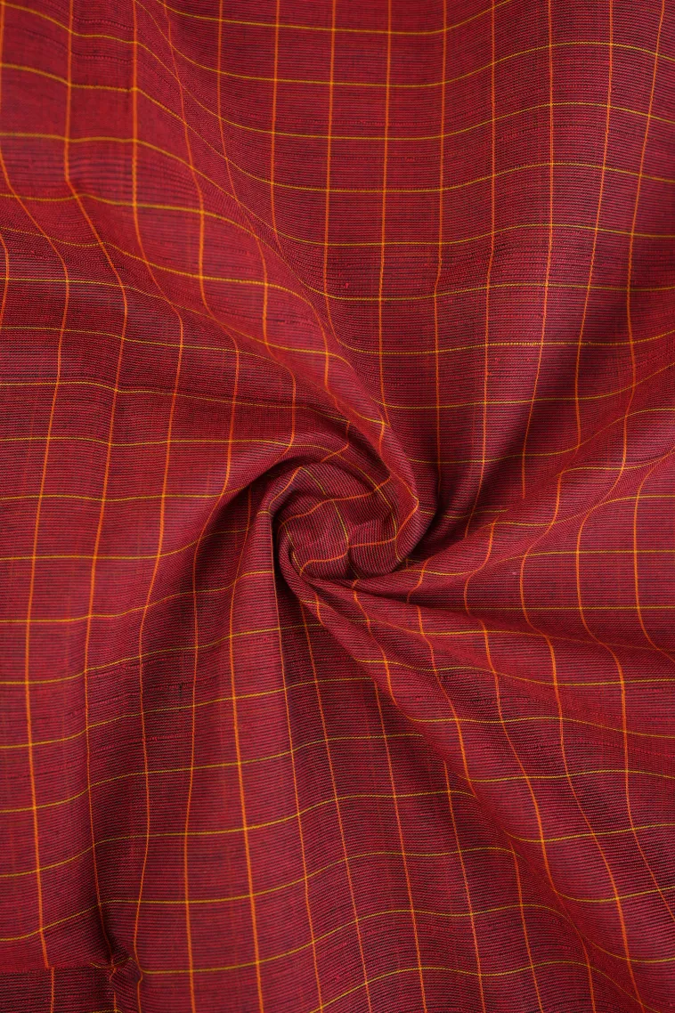 Cherry Red Chettinad Cotton Sarees with Gold Zari Checks And Puttas view 4