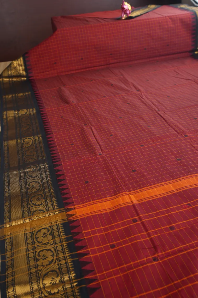 Cherry Red Chettinad Cotton Sarees with Gold Zari Checks And Puttas view 2