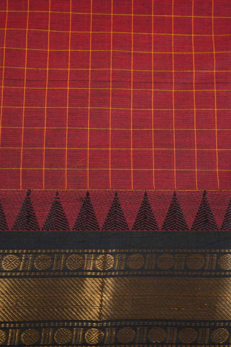 Cherry Red Chettinad Cotton Sarees with Gold Zari Checks And Puttas view 3