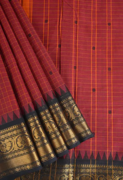 Cherry Red Chettinad Cotton Sarees with Gold Zari Checks And Puttas