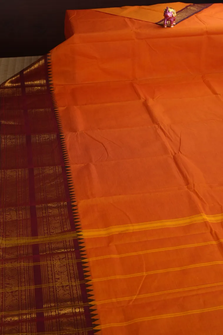 Candy Orange Chettinad Cotton Sarees with Gold Zari Plain view 2