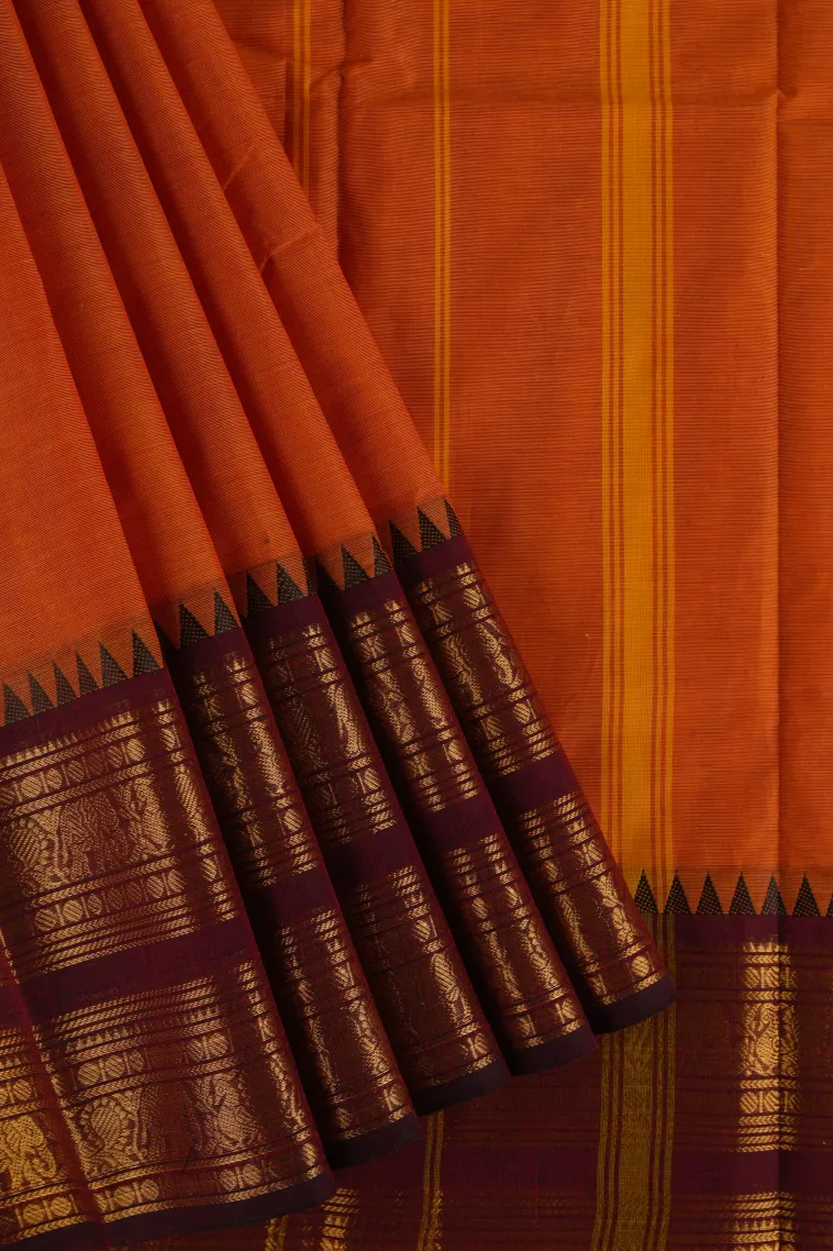 Candy Orange Chettinad Cotton Sarees with Gold Zari Plain
