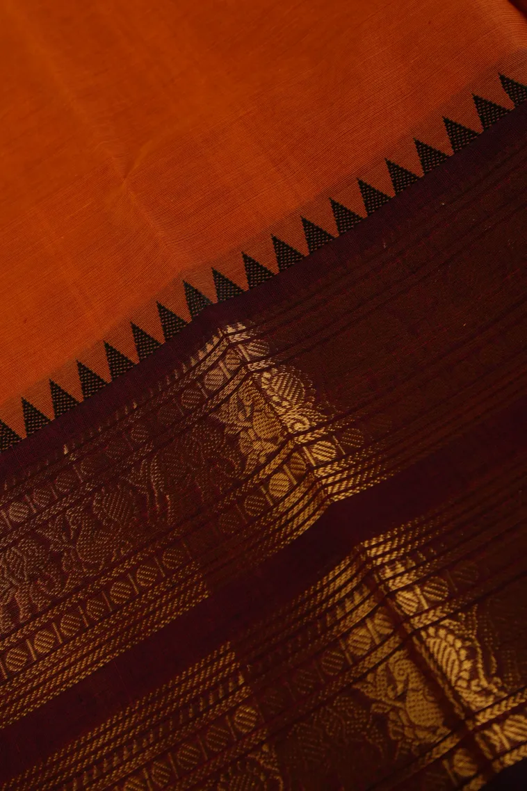 Candy Orange Chettinad Cotton Sarees with Gold Zari Plain view 3