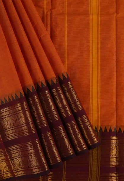 Candy Orange Chettinad Cotton Sarees with Gold Zari Plain