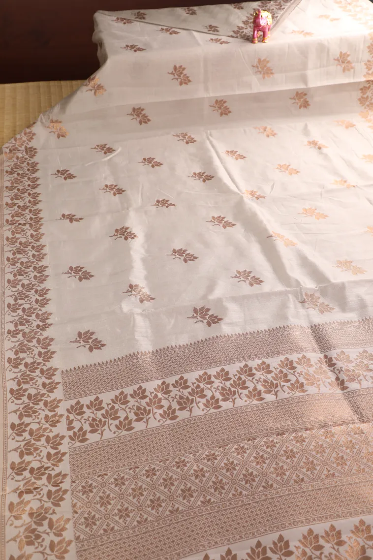 Smoke White Raw Silk Sarees with Copper Zari Flower Mottif view 2