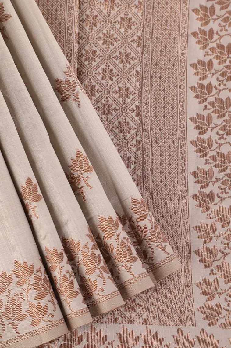 Smoke White Raw Silk Sarees with Copper Zari Flower Mottif view 1