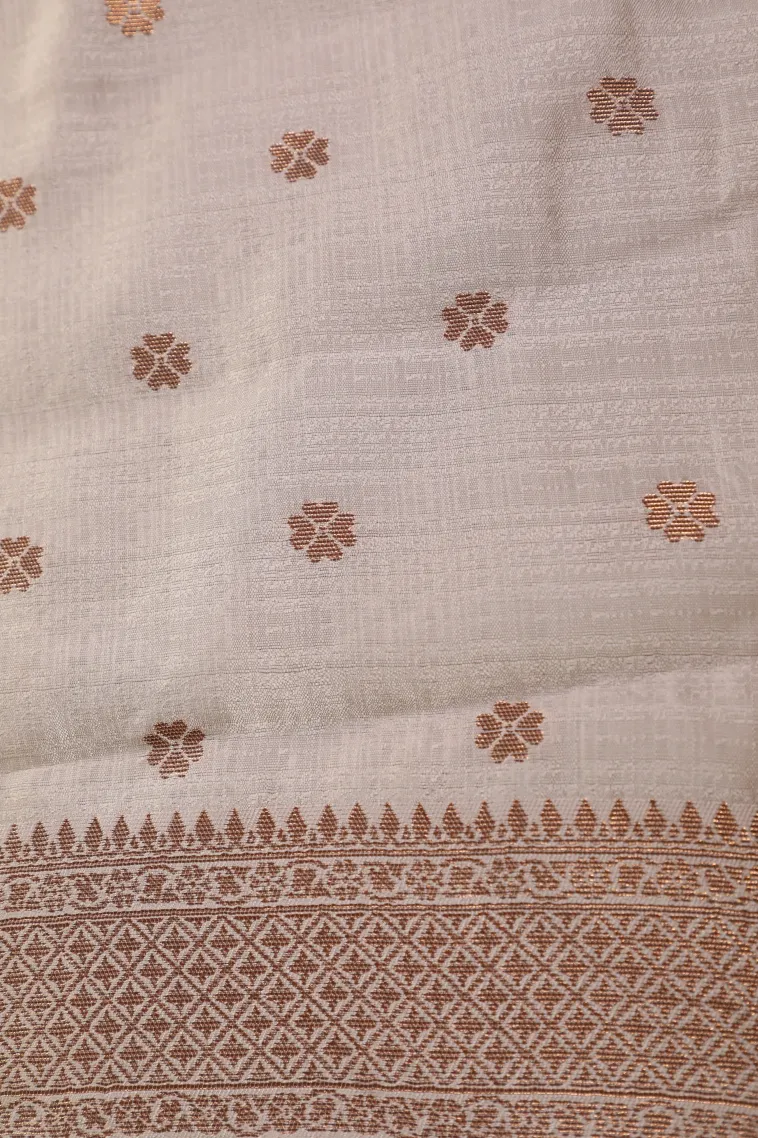 Smoke White Raw Silk Sarees with Copper Zari Flower Mottif view 3