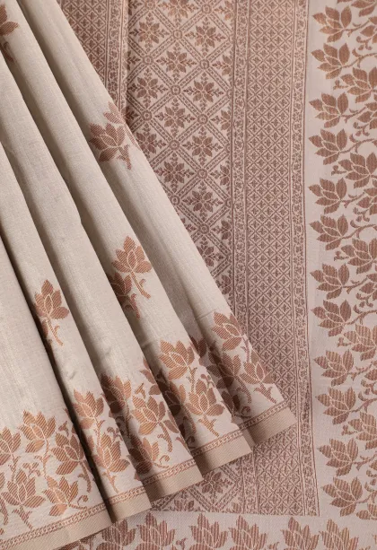 Smoke White Raw Silk Sarees with Copper Zari Flower Mottif