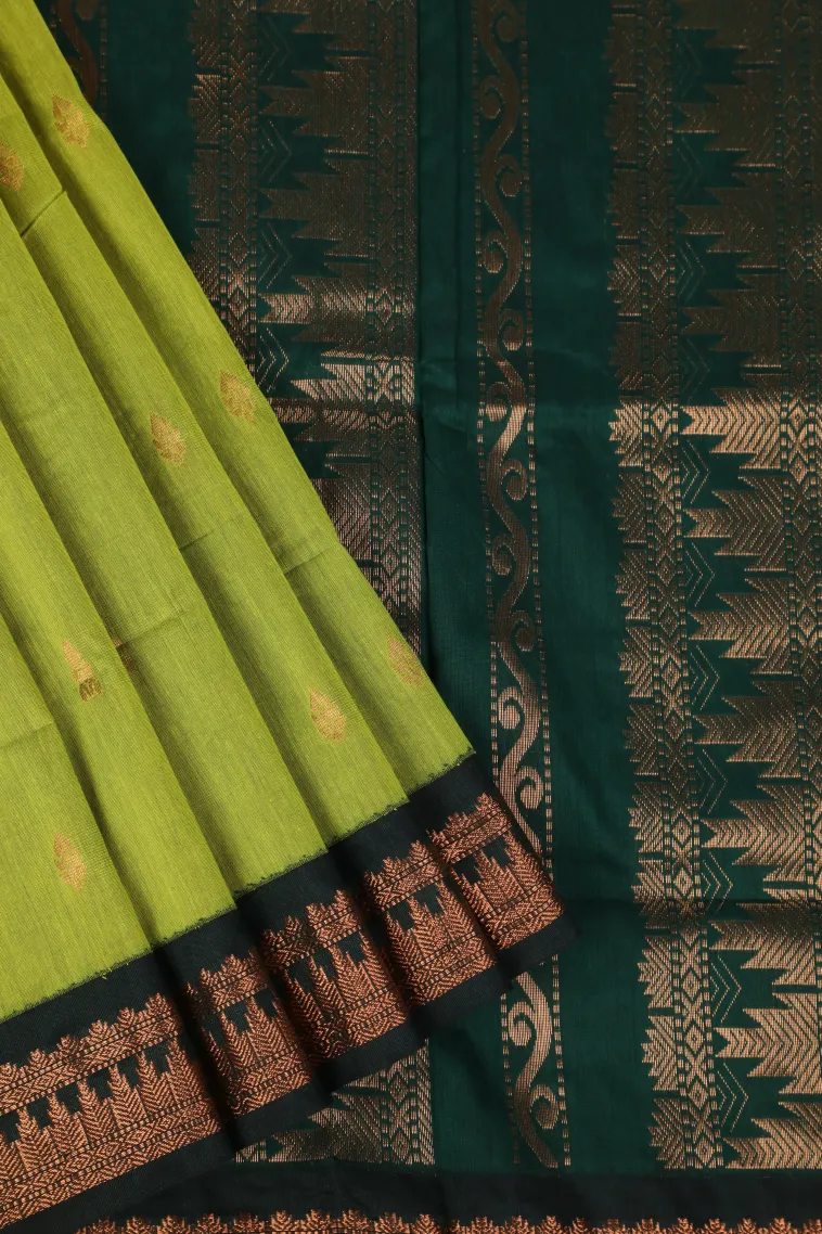 Lime Green Kalyani Cotton with Copper Zari Buttis (small Dots Or Motifs) view 1