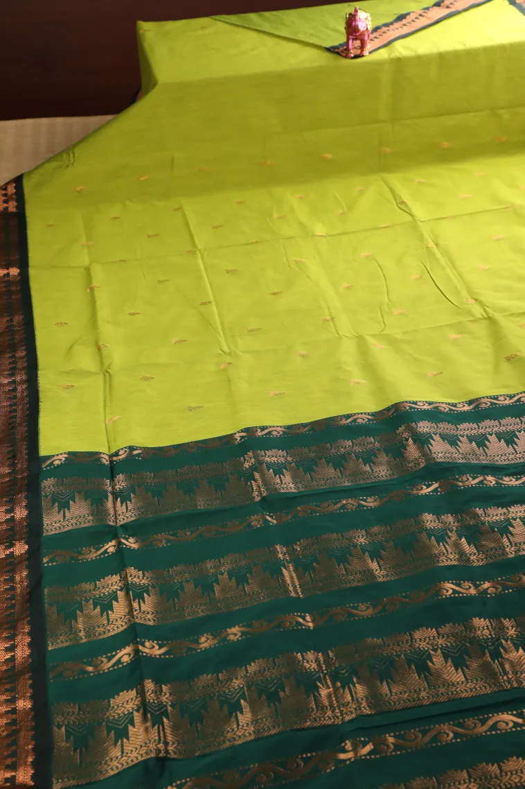 Lime Green Kalyani Cotton with Copper Zari Buttis (small Dots Or Motifs) view 2