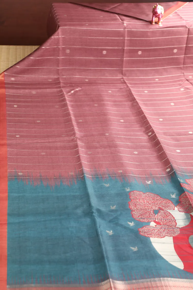 Mahome Red Tussar Saree with Bronze Zari Stripes And Puttas view 2