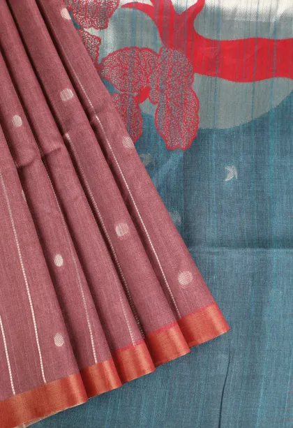 Mahome Red Tussar Saree with Bronze Zari Stripes And Puttas