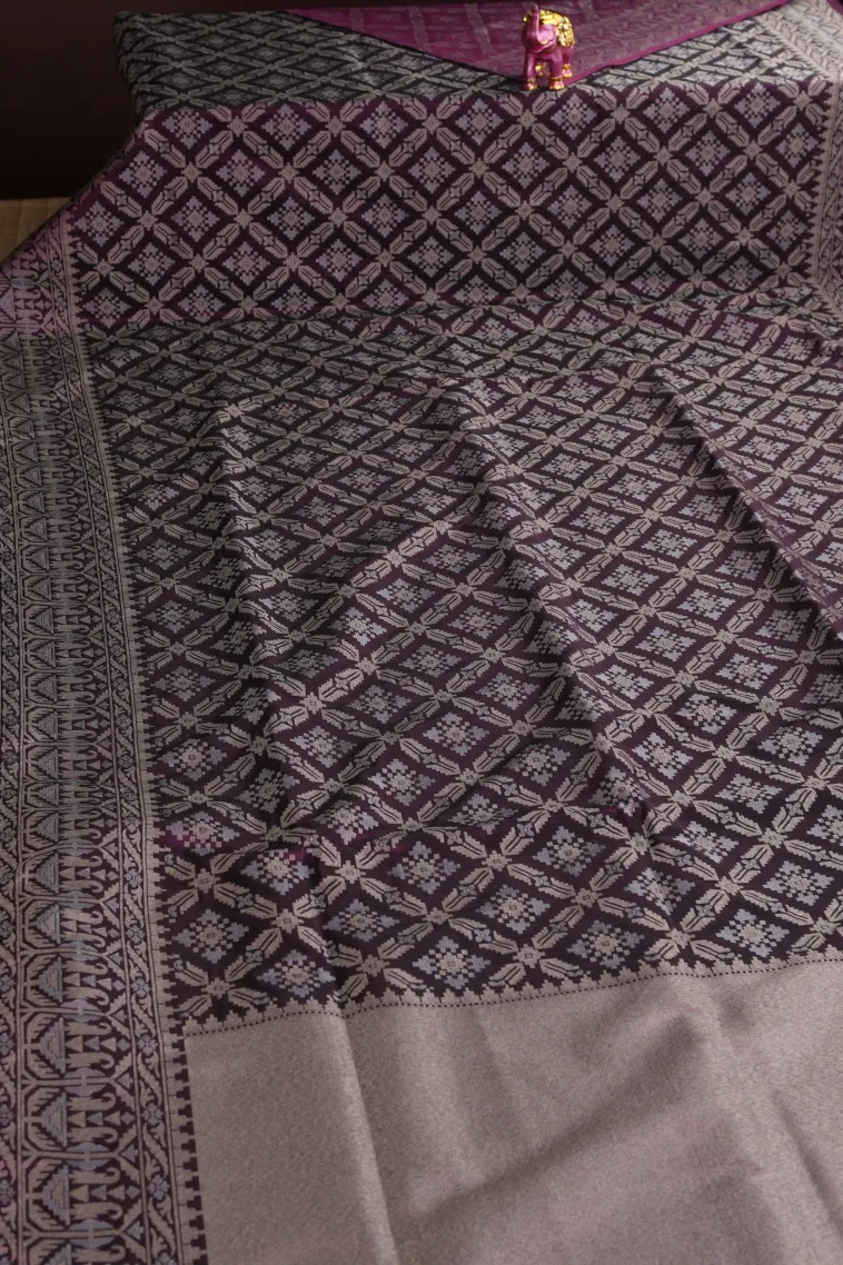 Grape Purple Tissue Banaras with Gold And Silver Zari Geometric Shapes view 2
