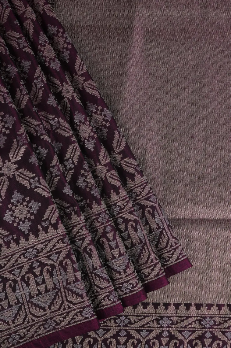 Grape Purple Tissue Banaras with Gold And Silver Zari Geometric Shapes view 1