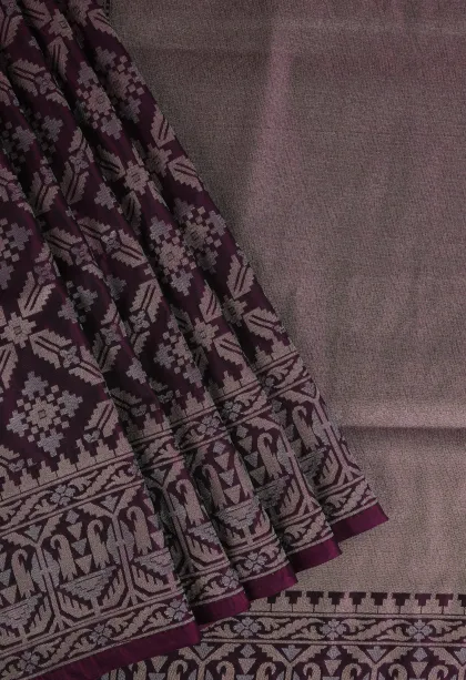 Grape Purple Tissue Banaras with Gold And Silver Zari Geometric Shapes
