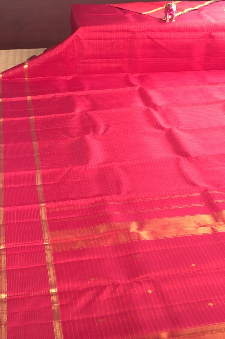 Apple Red Kanchipuram Silk Sarees with Gold Zari Small Checks Pattern view 2
