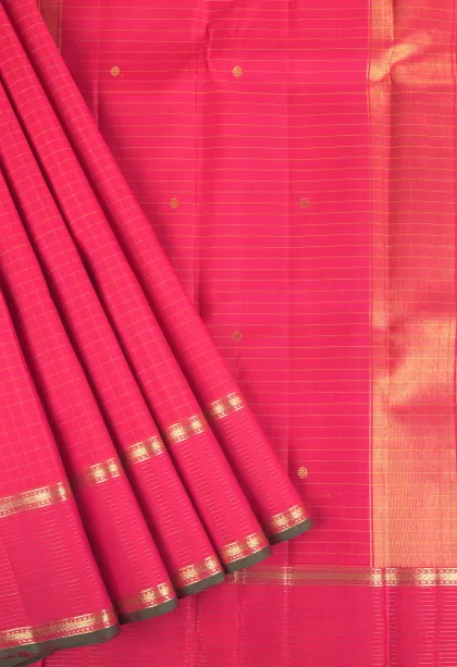 Apple Red Kanchipuram Silk Sarees with Gold Zari Small Checks Pattern