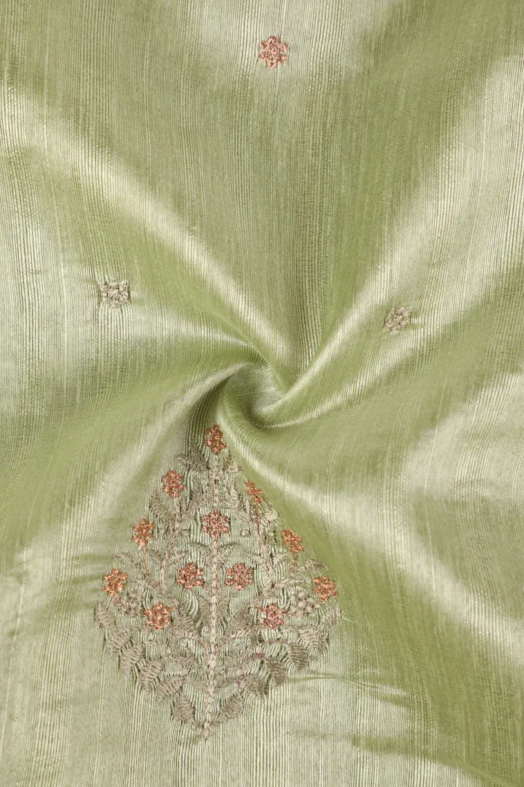 Pistachio Green Raw Silk Sarees with Thread Zari Flower Mottif view 4