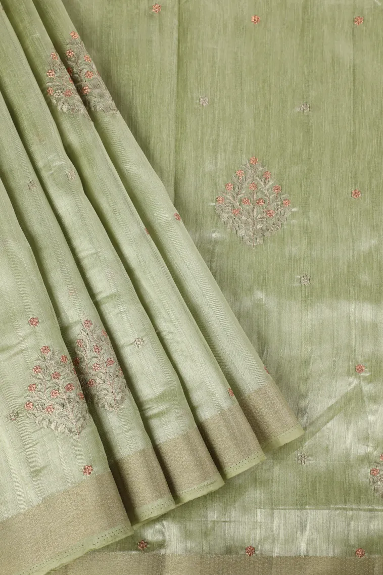 Pistachio Green Raw Silk Sarees with Thread Zari Flower Mottif