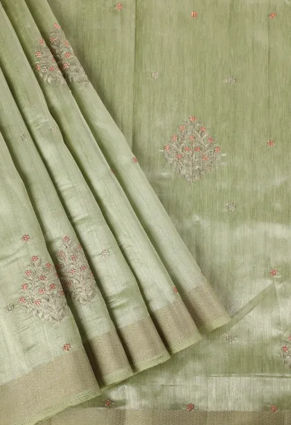 Pistachio Green Raw Silk Sarees with Thread Zari Flower Mottif