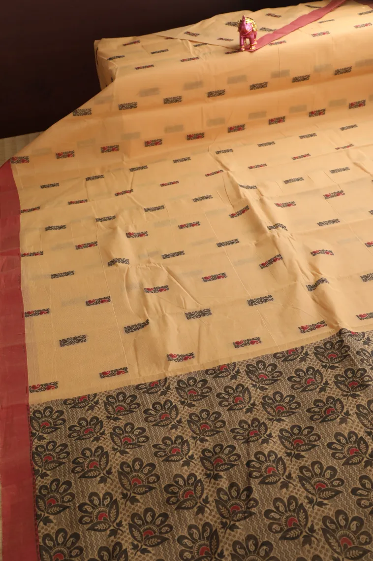 Cookie Yellow Kanchi Cotton Sarees Without Zari With Flower Mottif view 2