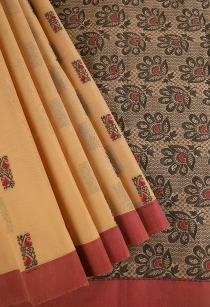 Cookie Yellow Kanchi Cotton Sarees Without Zari With Flower Mottif