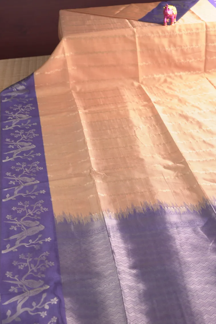 Gold Semi Tussar Silk with Bronze Zari Stripes view 2