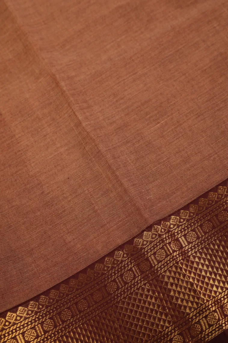 Tawny Brown Chettinad Cotton Sarees with Gold Zari Plain view 3