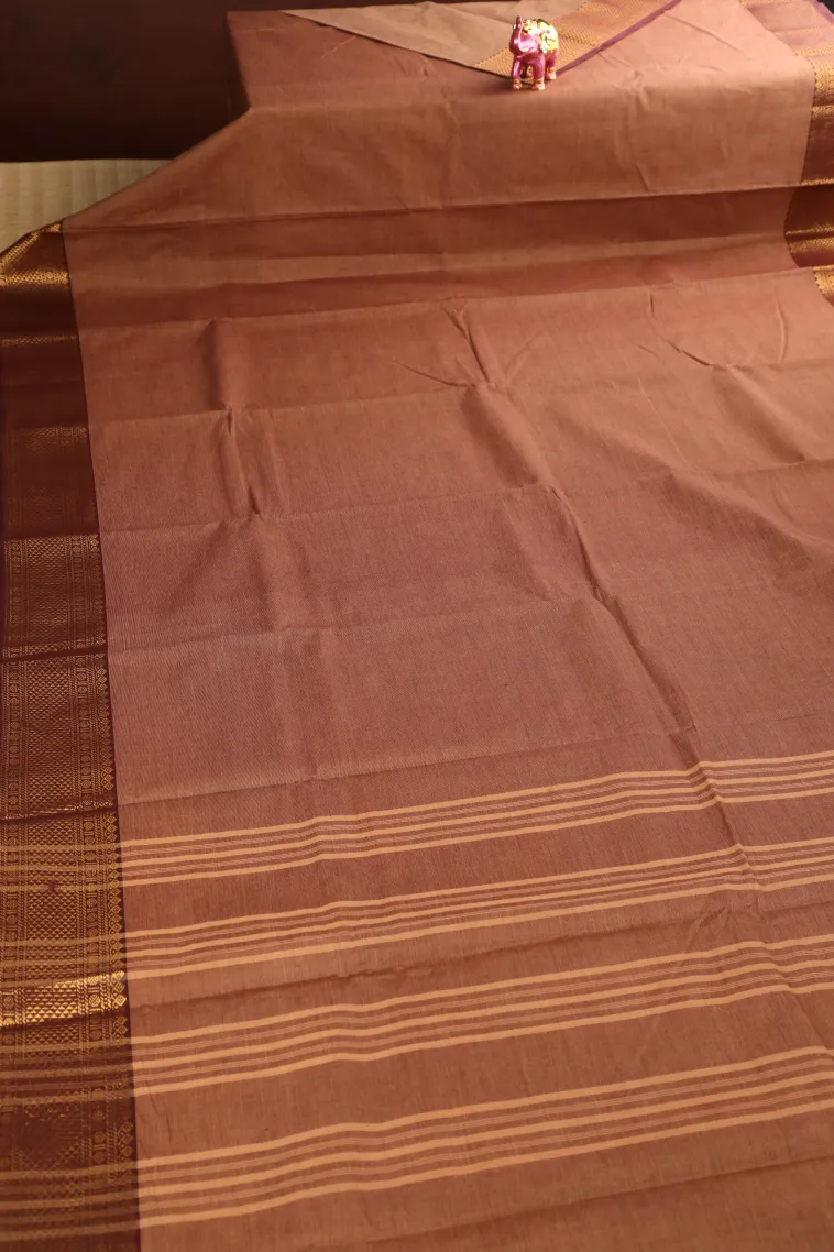Tawny Brown Chettinad Cotton Sarees with Gold Zari Plain view 2