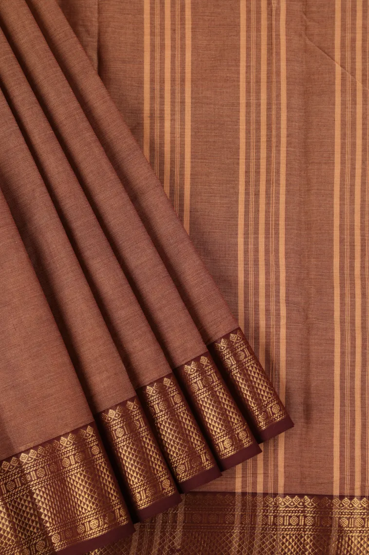 Tawny Brown Chettinad Cotton Sarees with Gold Zari Plain view 1