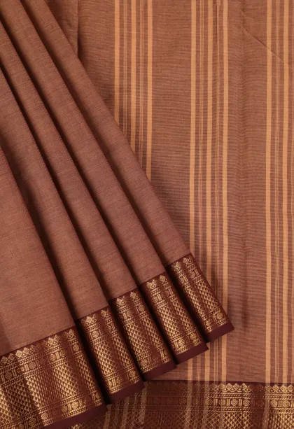 Tawny Brown Chettinad Cotton Sarees with Gold Zari Plain