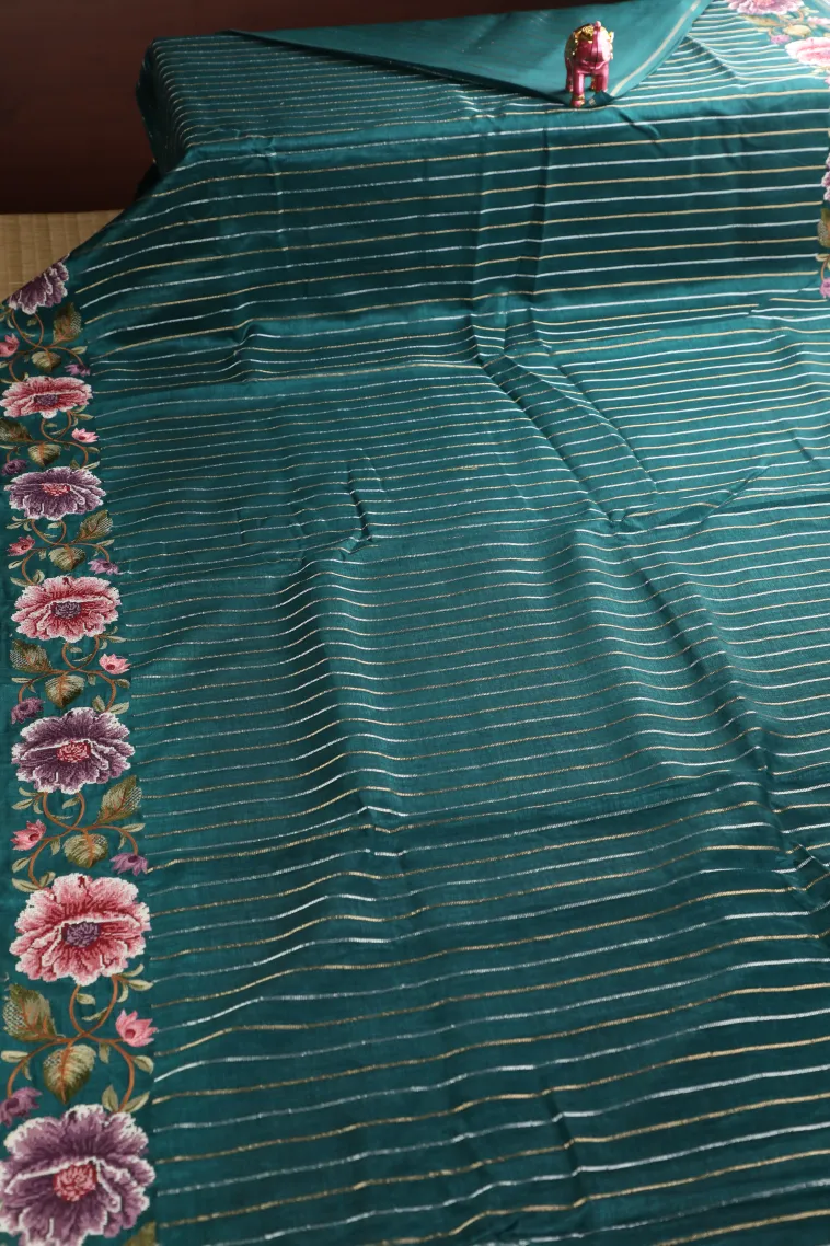 Peacock Blue Banaras Sarees with Gold And Silver Zari Stripes view 2