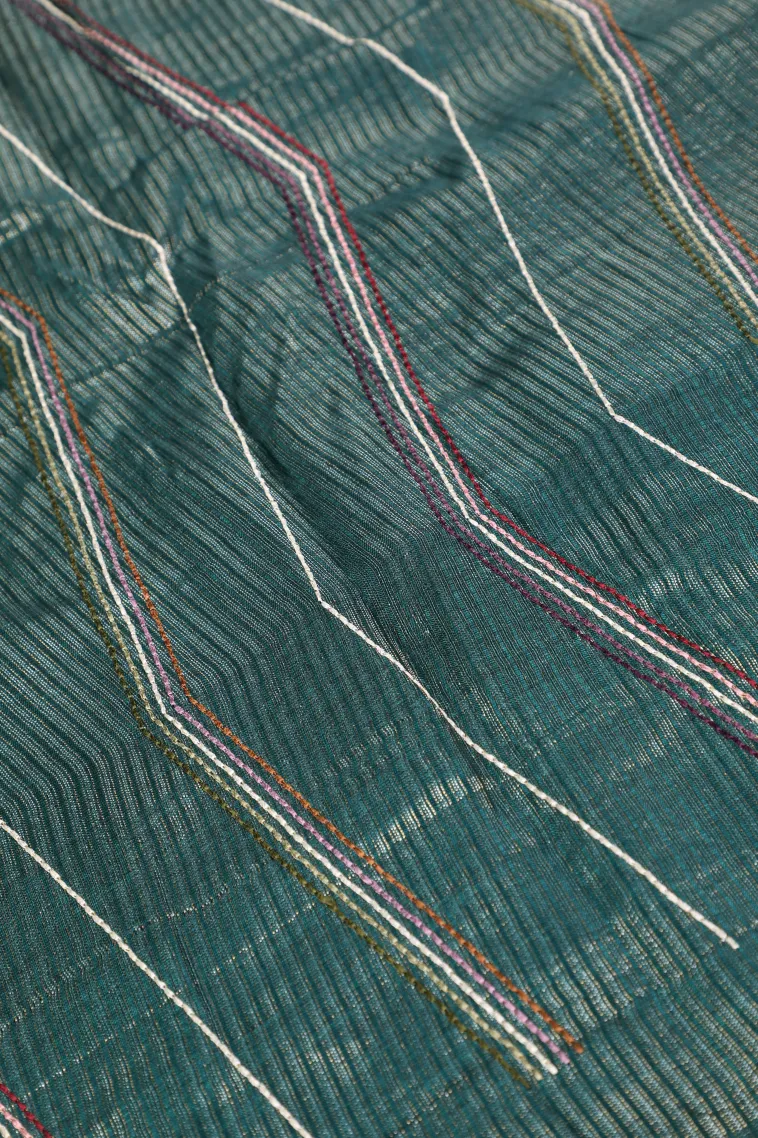 Peacock Blue Banaras Sarees with Gold And Silver Zari Stripes view 3