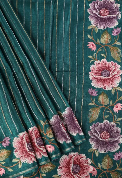 Peacock Blue Banaras Sarees with Gold And Silver Zari Stripes