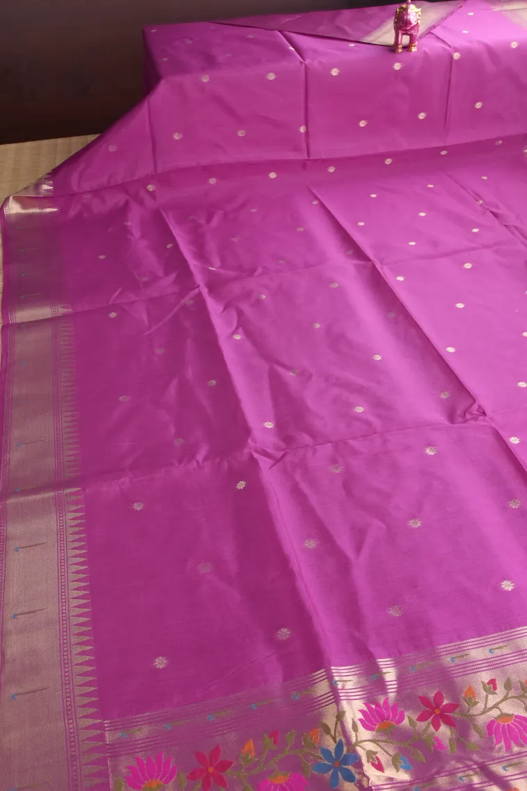 Magenta Purple Semi Tussar Silk with Gold Zari Buttis (small Dots Or Motifs) view 2